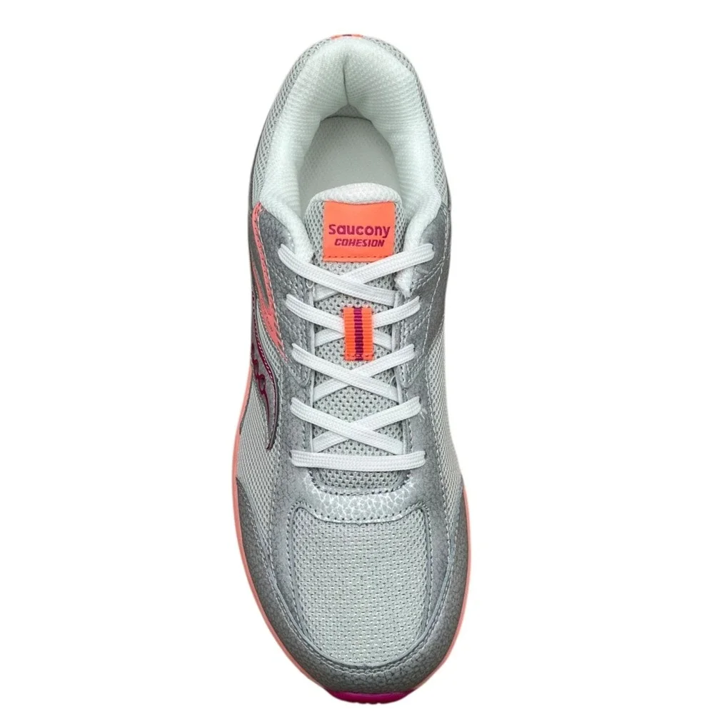 Saucony Cohesion Youth Girls Running Shoe Size 7 (Fits like 6) Wide Silver Coral